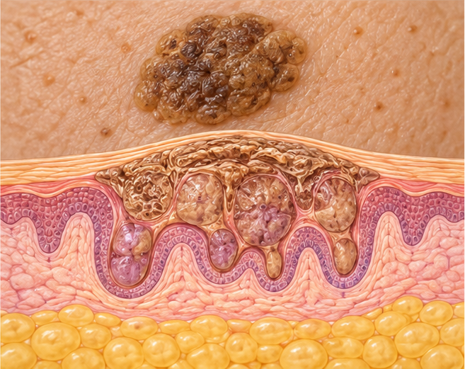 Medical illustration of a raised seborrheic keratosis on the skin